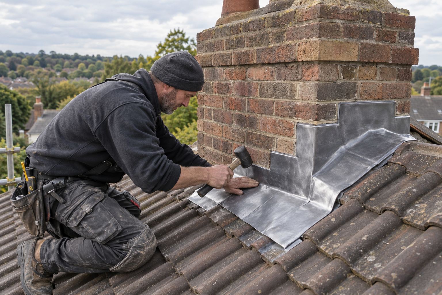 Roofer renewing lead chimney flashing