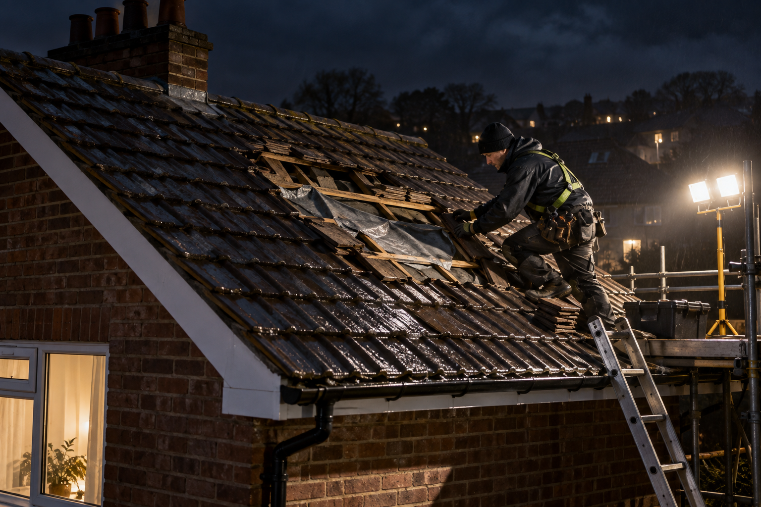 Emergency roofer repairing a storm-damaged tiled roof