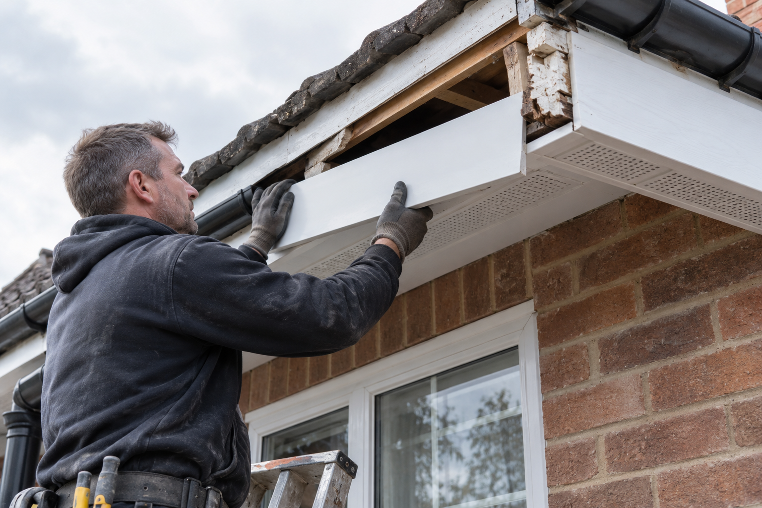 Roofer repairing fascia and soffit boards