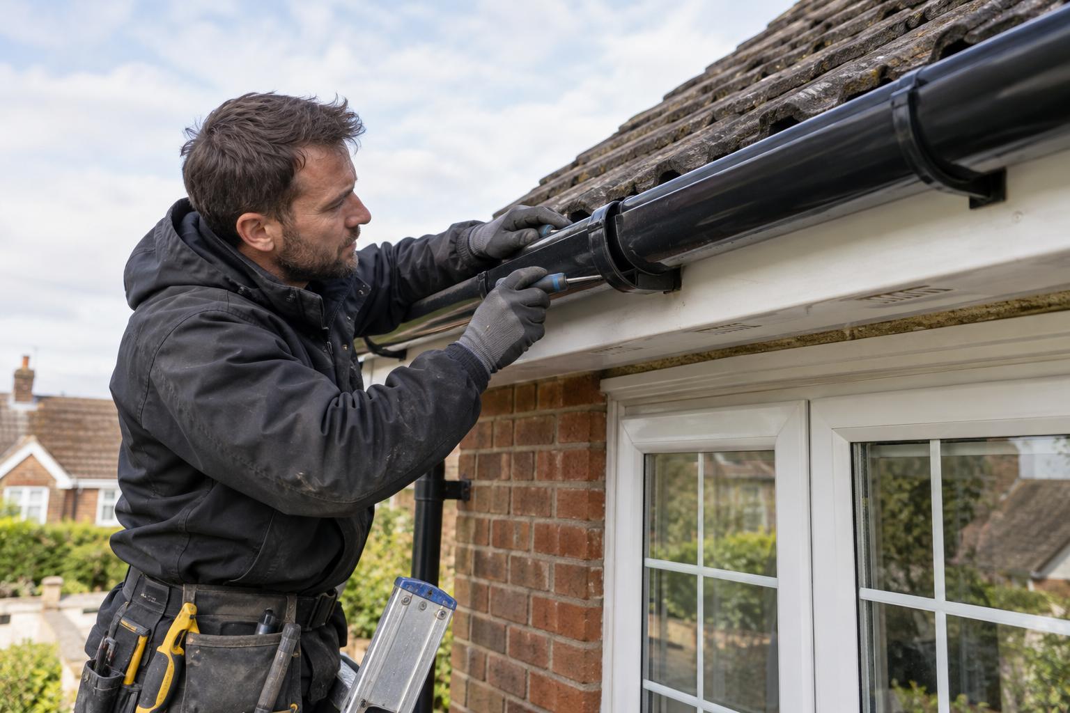 Roofer repairing a leaking gutter joint