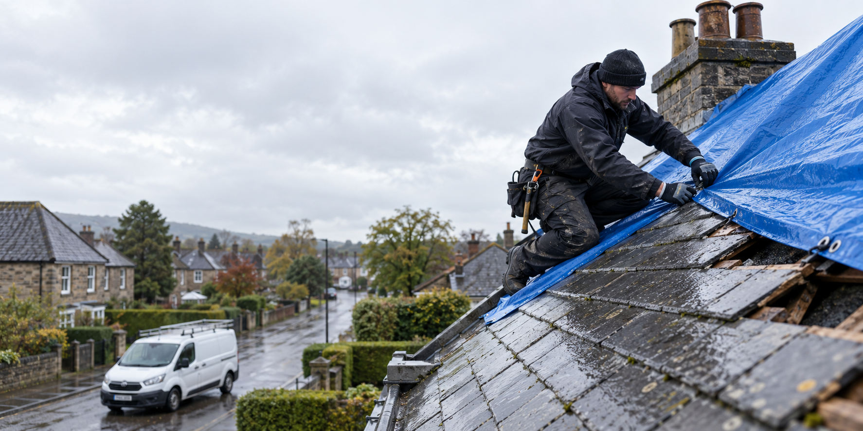 Emergency roofer weatherproofing a storm-damaged tiled roof