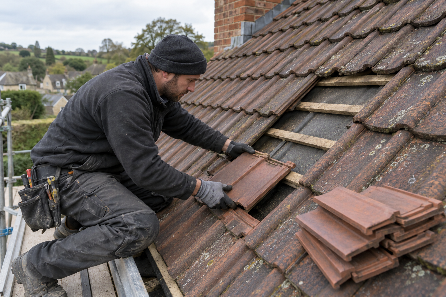 Roofer replacing missing roof tiles