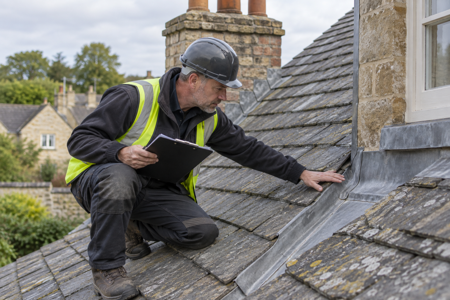 Roofer carrying out a detailed roof inspection