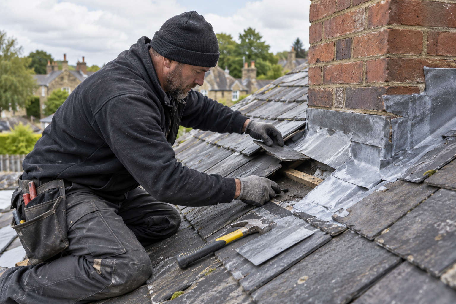 Roofer repairing a roof leak at chimney flashing