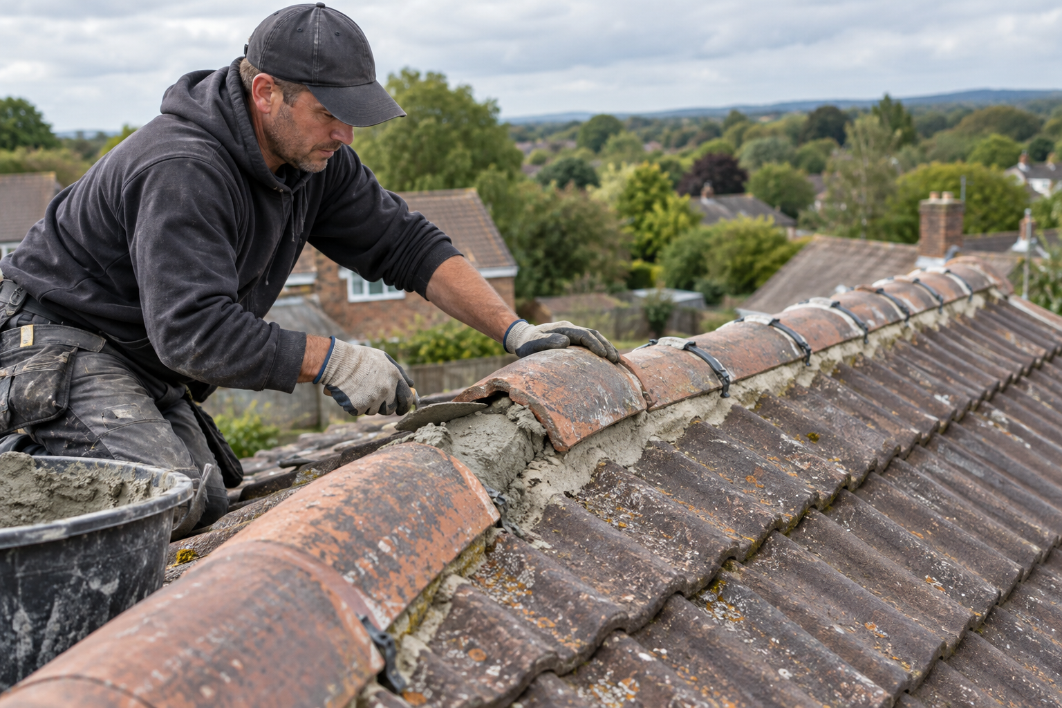 Roofer securing and repointing ridge tiles