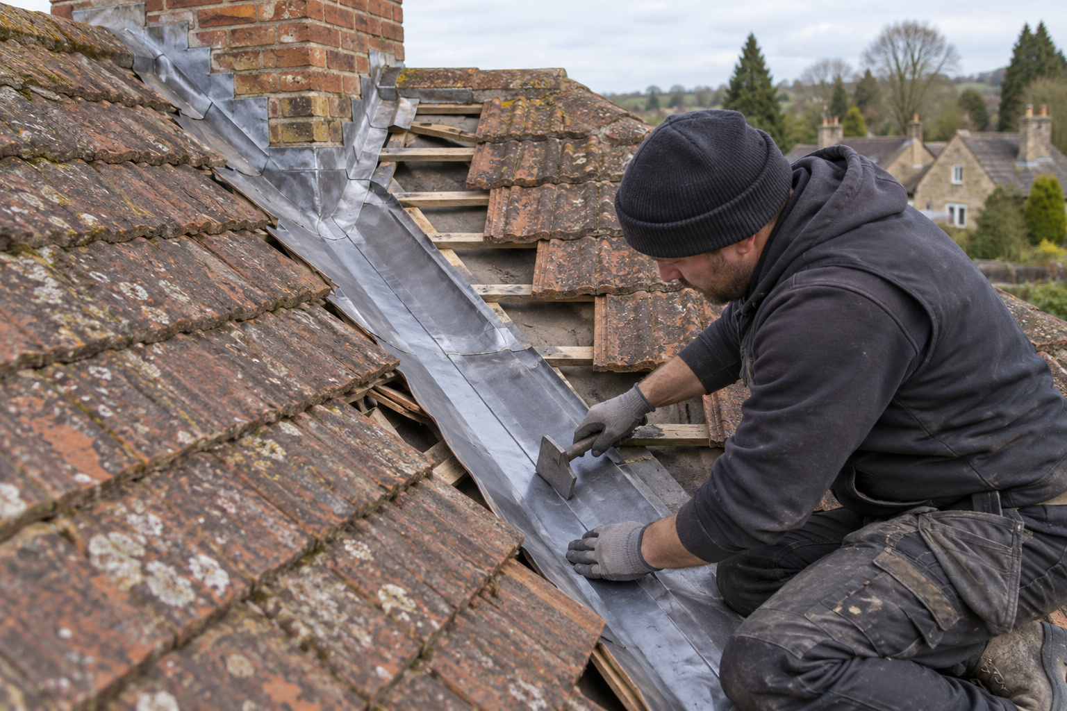 Roofer repairing a damaged lead roof valley
