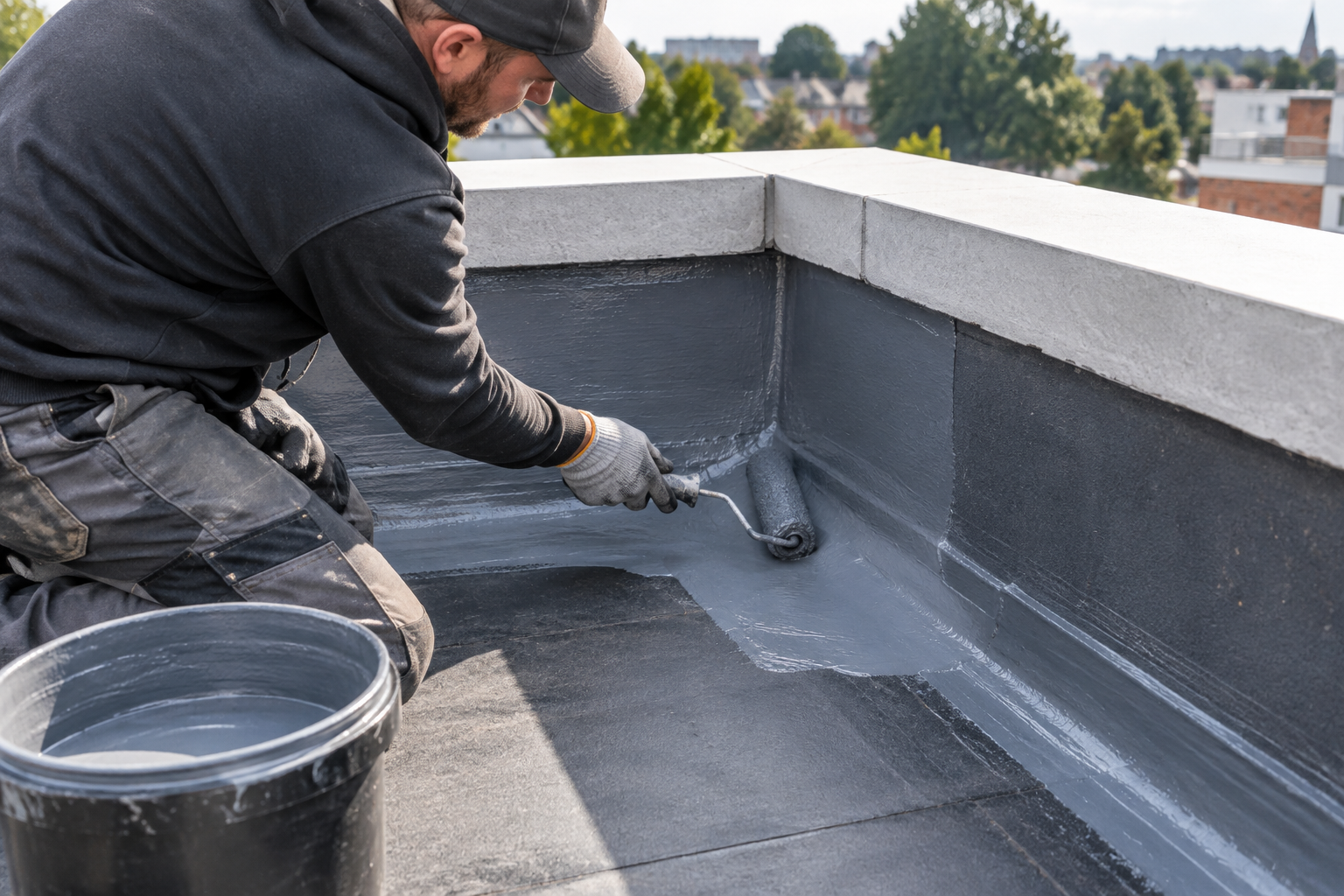 Roofer applying a roof waterproofing treatment