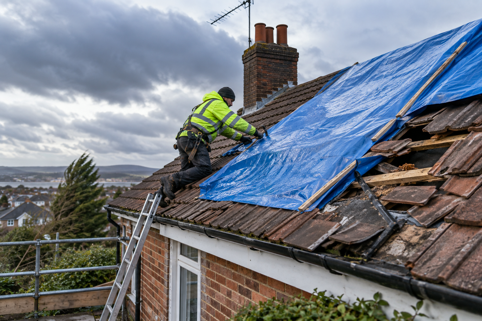 Emergency roofer securing storm damage